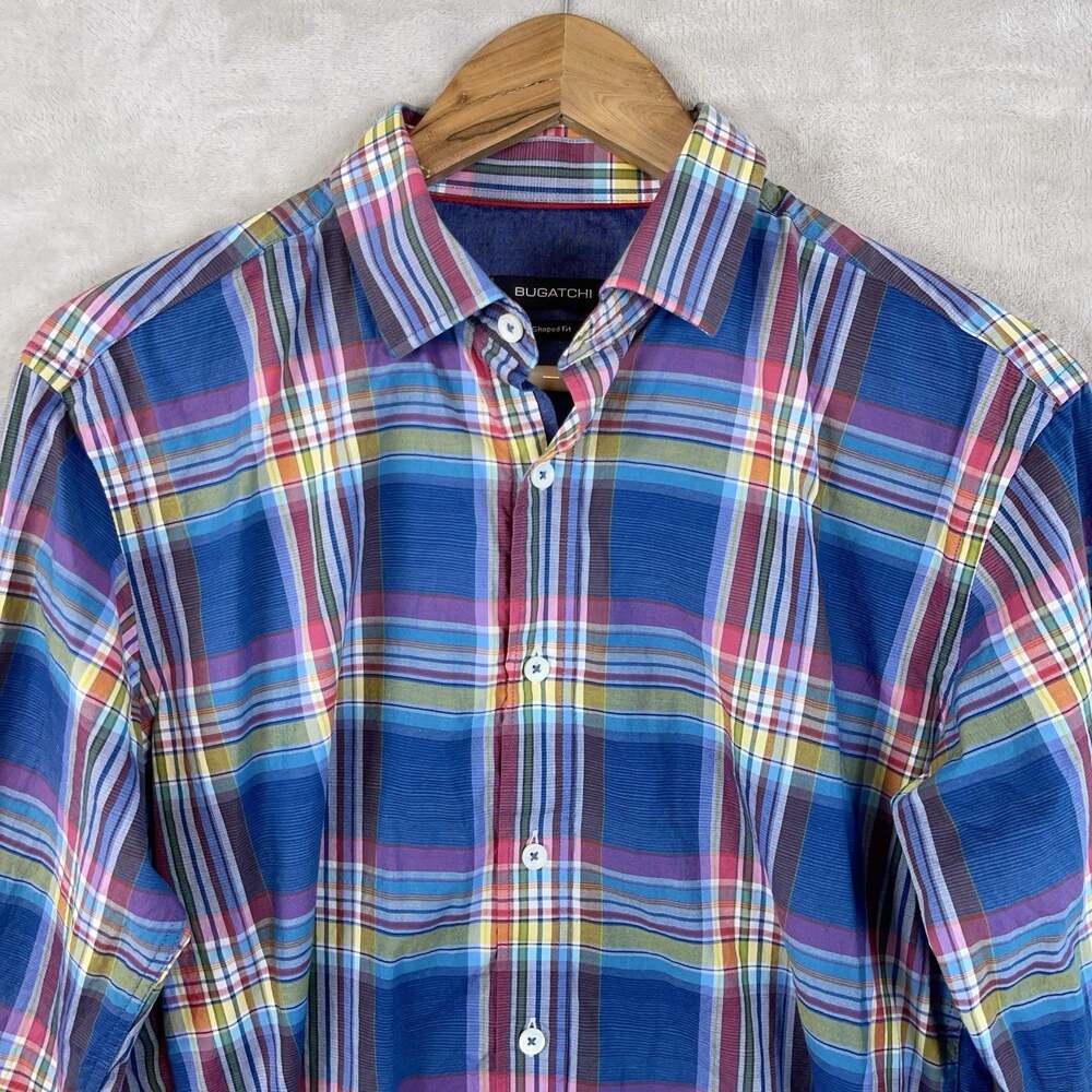 Bugatchi Uomo Shaped Fit Shirt Men's Small Plaid Long Sleeve Cotton Preppy